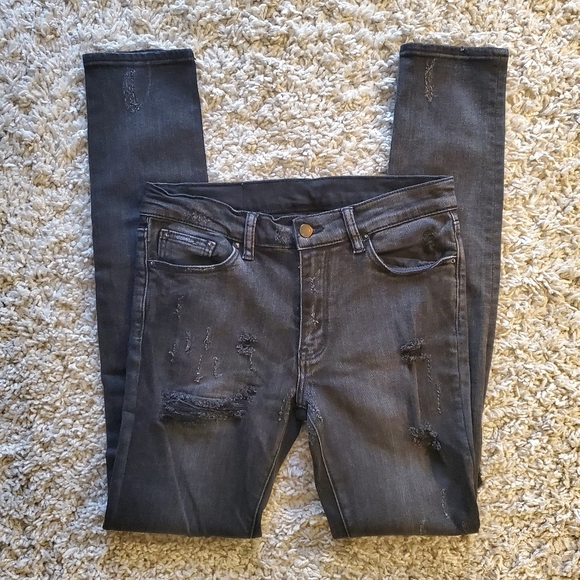 MNML | Black distressed knee with ribbed  patches skinny jeans (Size 32) - Picture 3 of 7